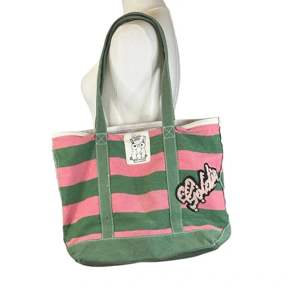 Goldie Pink and Green Canvas  Striped Tote Made With Love - Picture 5 of 13